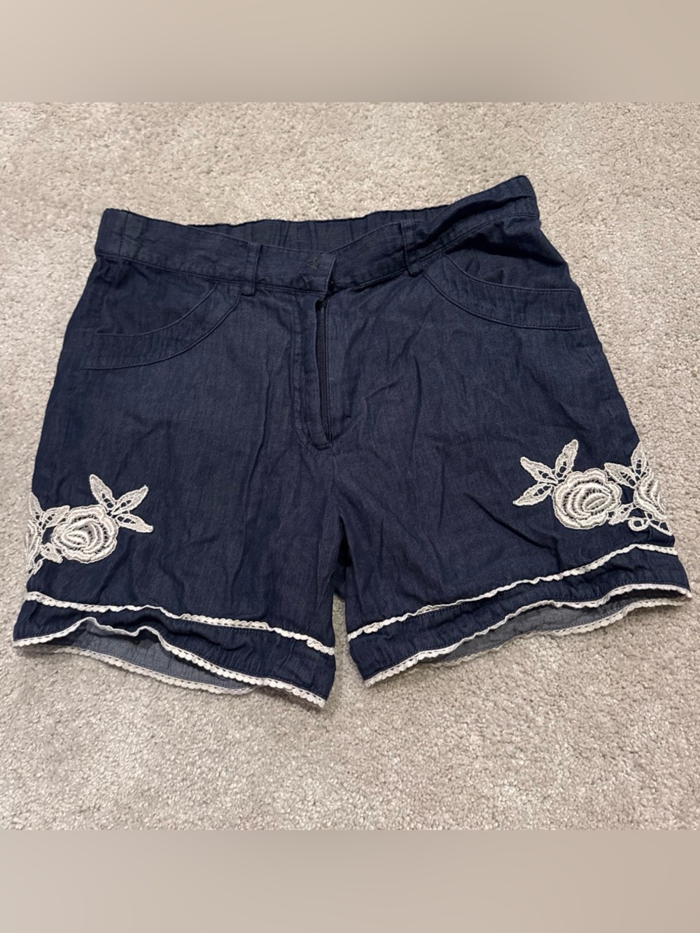 Navy Denim Shorts with White Embroidered Floral Trim